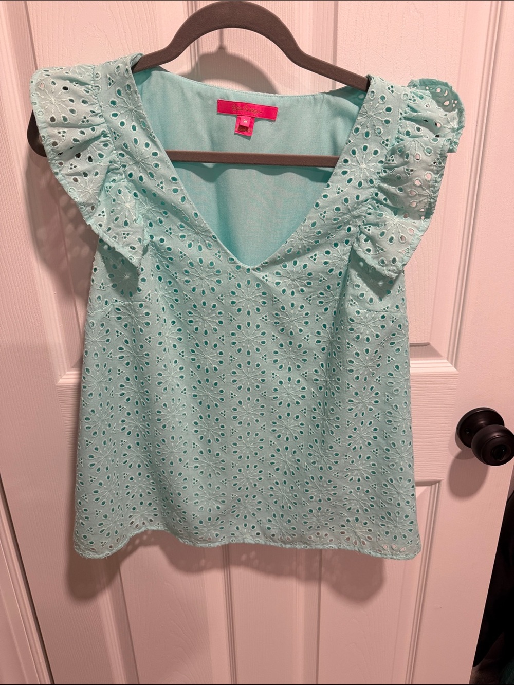 Lilly Pulitzer Eyelet Ruffle Sleeve V-Neck Top - Mint